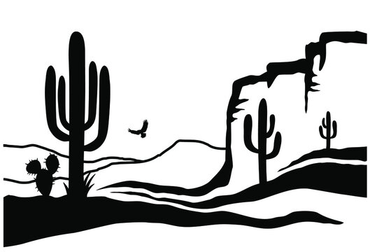 American Desert with cactuses. Vector Black silhouette of Arizona Desert Graphic illustration isolated on white