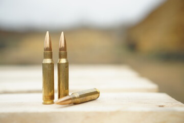 The cartridges lie on a wooden pallet