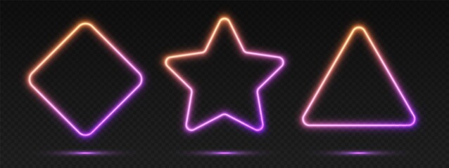 Neon gradient frames set, collection of orange-purple glowing borders isolated on a dark background. Colorful night banners, vector light effect. Triangle, star, and rhombus, bright illuminated shapes