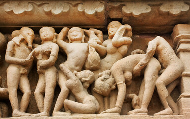Stone artworks and sculptures of Khajuraho, India. Artifacts in old temple, from 10th century