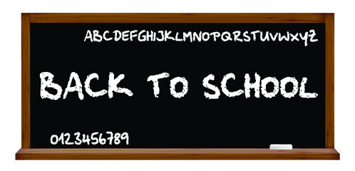 Hand written with chalk back to school message on blackboard with the English alphabet and numbers isolated on white background
