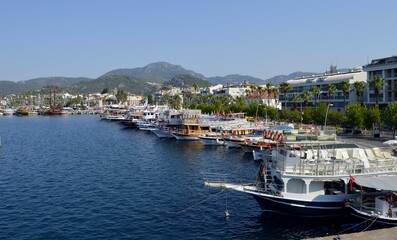Turkey. Marmaris. Mediterranean coast. Walk on a yacht on the sea.