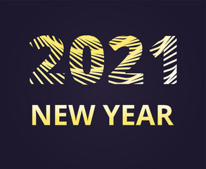 2021 Happy New Year banner with gold glitter rich glossy lines. Greetings for logotype, badge, icon, card, postcard, logo, banner, tag. Celebration vector illustration. New Year premium template
