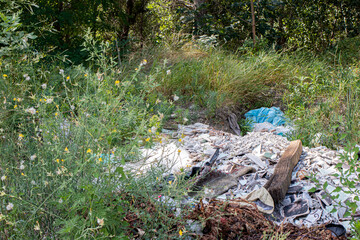 Naklejka na ściany i meble Heaps of dirty garbage rubbish in nature, pollution, plastic. Human influence on the ecology of the planet.