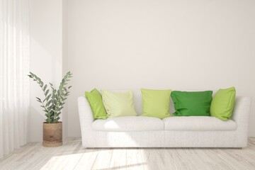 White modern room with sofa. Scandinavian interior design. 3D illustration