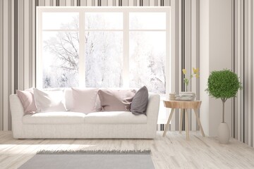 White room with sofa and winter landscape in window. Scandinavian interior design. 3D illustration