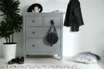 Grey chest of drawers in stylish room. Interior design