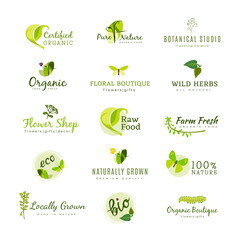Collection of premade logo with leaves and flower silhouettes on white background. Set logos for floral shop-eco product-organic food-beauty salon. Emblem for invitation, decor. Vector illustration.