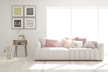 Idea of white minimalist room with sofa. Scandinavian interior design. 3D illustration