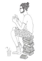 Young man sitting and playing a computer game. Gamer. Programmer. Coloring book page for adults and children