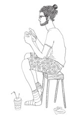 Young man sitting and playing a computer game. Gamer. Programmer. Coloring book page for adults and children