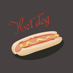 Fast food. Hot dog, sausage in a fresh bun with sauce and mustard.  illustration of street food for menu design and packaging.