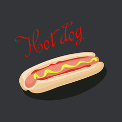 Fast food. Hot dog, sausage in a fresh bun with sauce and mustard. Vector illustration of street food for menu design and packaging.