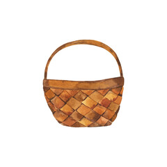 Brown wood basket on white background. Hand drawn watercolor illustration.