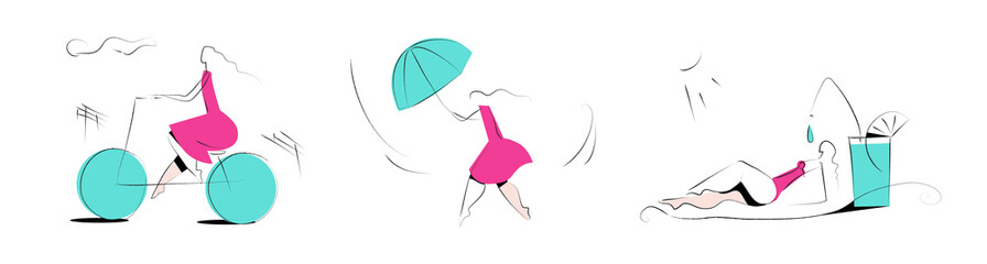 Notifications, weather forecast - vector illustrations on a white background. Product categories set. Woman in pink dress. Activities. Empty states scenes.