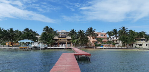 Colourful houses and palms at Caye Caulker island,  Belize .