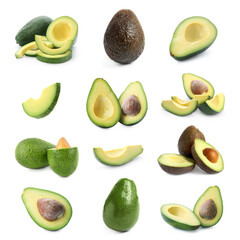 Set of cut and whole avocados on white background