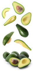 Fresh ripe avocados falling on white background