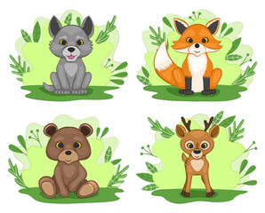 Set of cute cartoon cubs of forest animals. Wolf, fox, bear and deer. Cartoon style. Vector illustration.