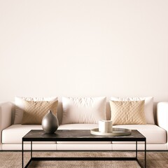 Fototapeta na wymiar Room with White Wooden Flooring and Modern Cozy Sofa Art Print Interior Mockup