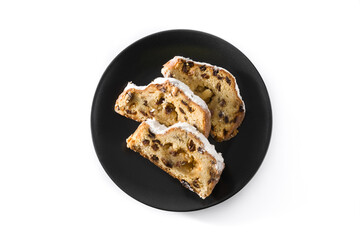 Christmas stollen fruit slice isolated on white background. Top view