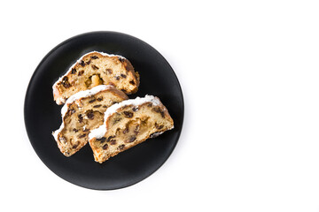 Christmas stollen fruit slice isolated on white background.Top view. Copy space