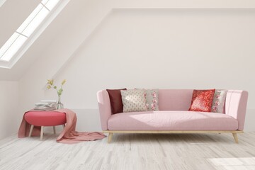 Idea of white minimalist room with coral sofa. Scandinavian interior design. 3D illustration