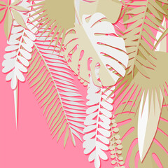 Background from tropical leaves, different plants. Various tropical white leaves on pink isolated background. Suitable for social networks, banners, invitations.