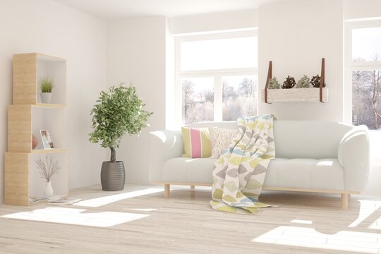 White minimalist room of luxury home. Scandinavian interior design with modern sofa. 3D illustration