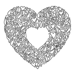 Decorative elements in the shape of heart. Symbol of love. Black outline. Isolated object on white background. Vector illustration.