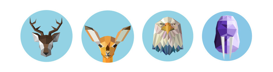 A set of stylized images of animals. Abstract head on a blue background, icon drawn from geometric shapes. Origami for animal prints on fashion clothes. Horned deer, little doe, eagle and seal
