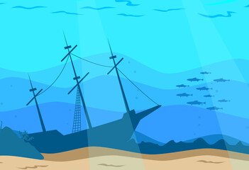 Seabed. Underwater world. Sunken ship and school of fish. Cartoon style. Vector illustration.