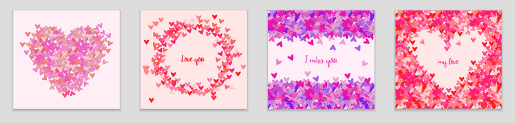 Set of cards for valentine's day. A romantic declaration of love. Wedding invitation. Lots of hearts and pink.