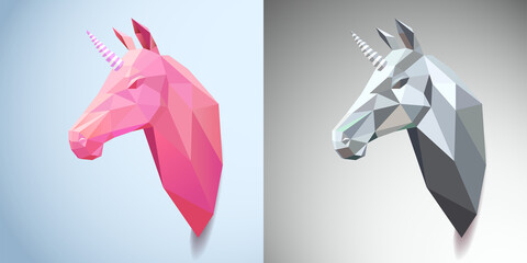 A set of stylized images of magical unicorns. Abstract head, icon drawn from geometric shapes. Origami for animal prints on fashion clothes. Rare animals, magic, pink unicorn © Анастасия Усатова