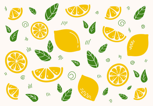 Abstract hand drawn lemons with leaves. Big set of contemporary doodle sliced and whole lemons, modern isolated elements. Vector illustration