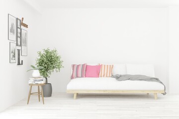 White modern room with sofa. Scandinavian interior design. 3D illustration