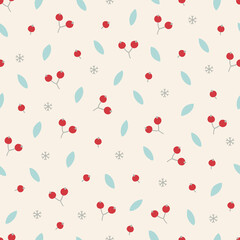 Christmas seamless pattern snowflakes, leaves, berries on beige background