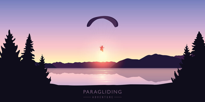 paragliding adventure by the lake at beautiful sunrise vector illustration EPS10