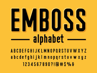 Modern embossed alphabet design with uppercase, lowercase, numbers and symbols