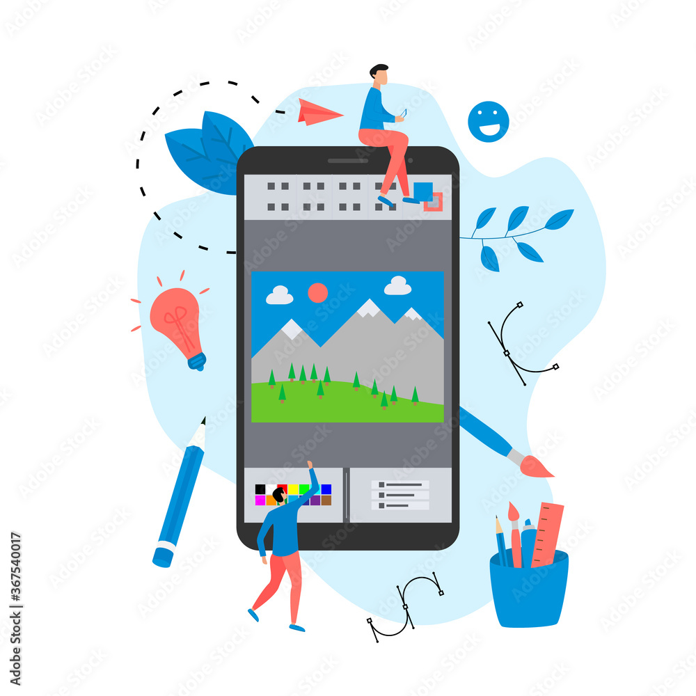 Poster flat vector graphic drawing concept with open illustration application with a creative project