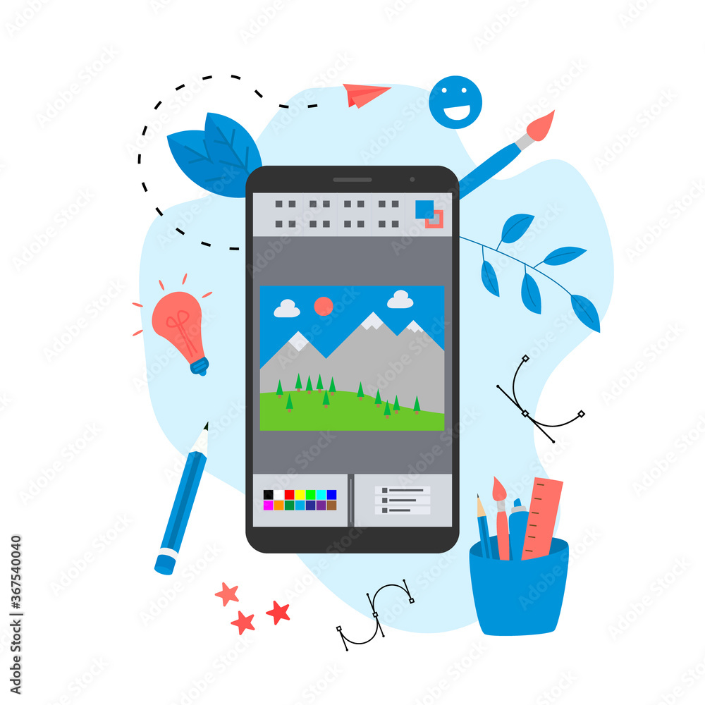 Poster flat vector graphic drawing concept with open illustration application with a creative project