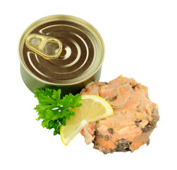 Tinned Pacific red salmon meat in a metal ring pull can isolated on a white background