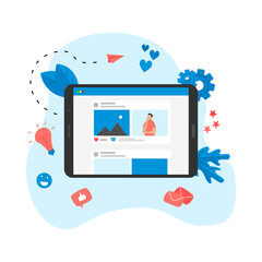 Social media concept with photo content, like and comment. Vector flat illustration