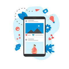Social media concept with photo content, like and comment. Vector flat illustration