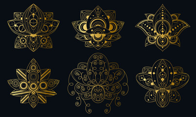 Lotus flower with geometric ornament linear illustrations set