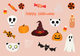 Set of vector illustrations for Halloween. Pumpkins, ghosts, happy Halloween lettering, gossamer, cats, candy, bat. Single elements for invitations, posters, postcards, and fabrics