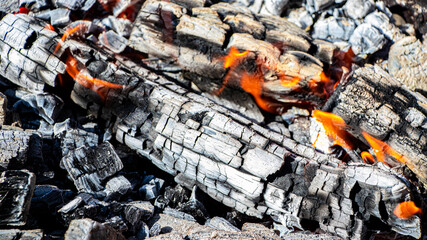 Burning firewood and coals in the grill. Close-up. Macro shooting. Burning fire. Grilling meat. Coals for frying