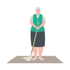 cute old woman with mop, grandmother with mop on white background vector illustration design