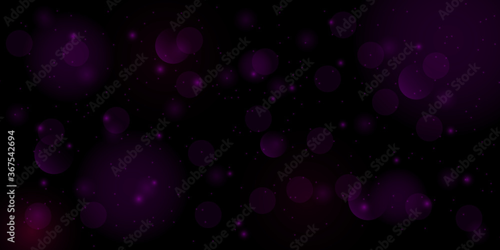 Poster bokeh style of abstract circles with blur glow spark light on dark violet background