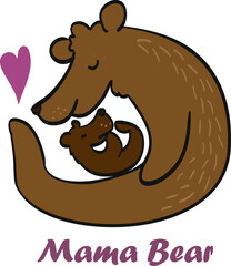 Mama bear and her little baby print design Flat vector illustration